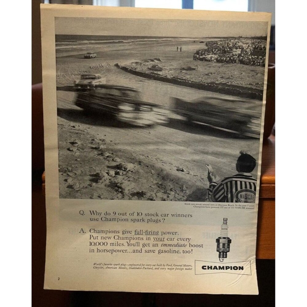 Champion Spark Plugs Vintage Print Ad 1950s NASCAR Stock Cars Daytona Beach
